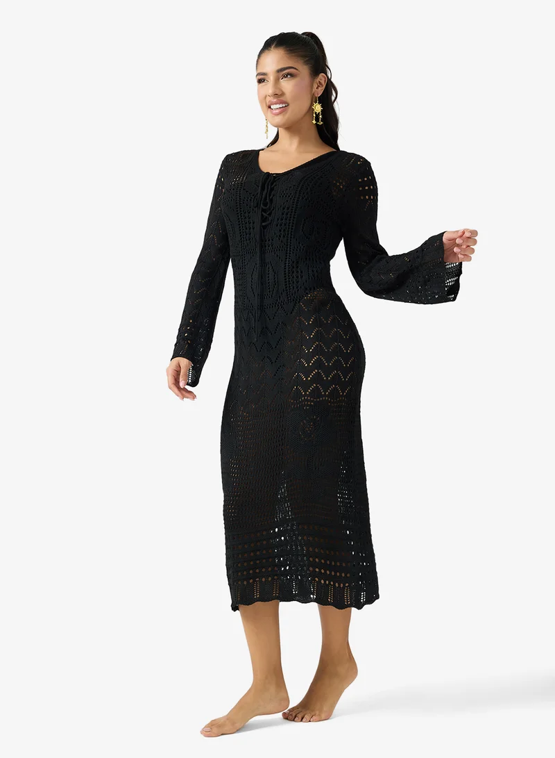 جينجر Tie Up Detail Crochet Beach Dress